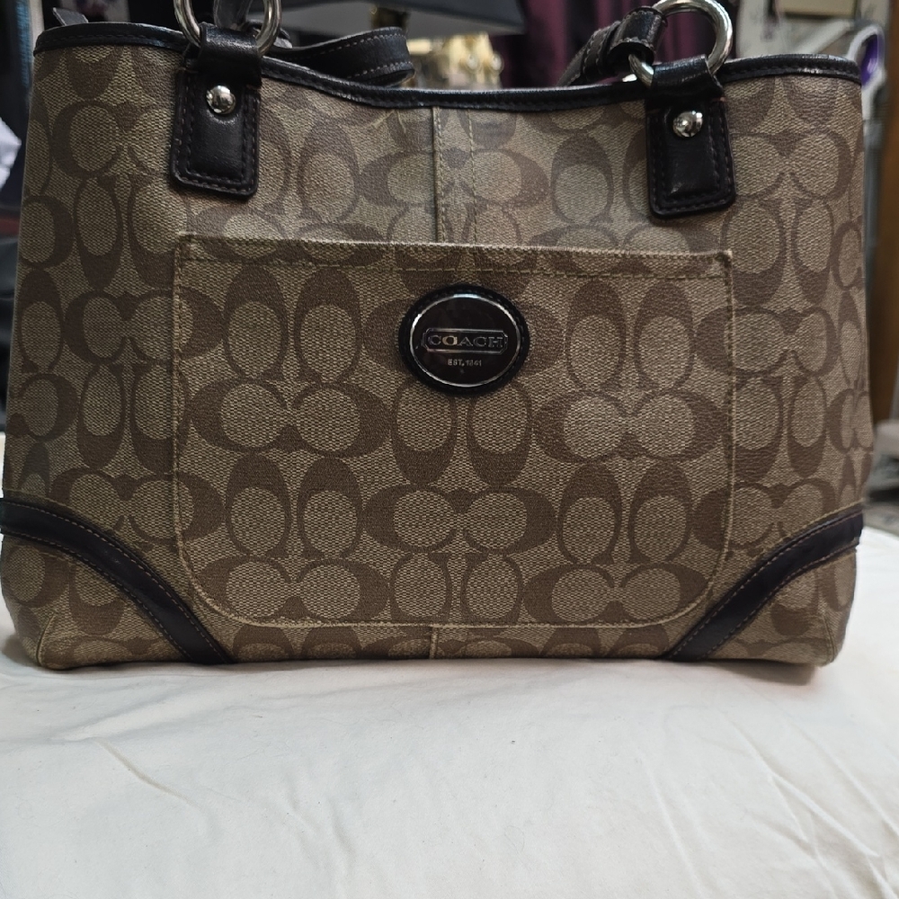 Coach Tan and Black Signature Leather Hand Bag